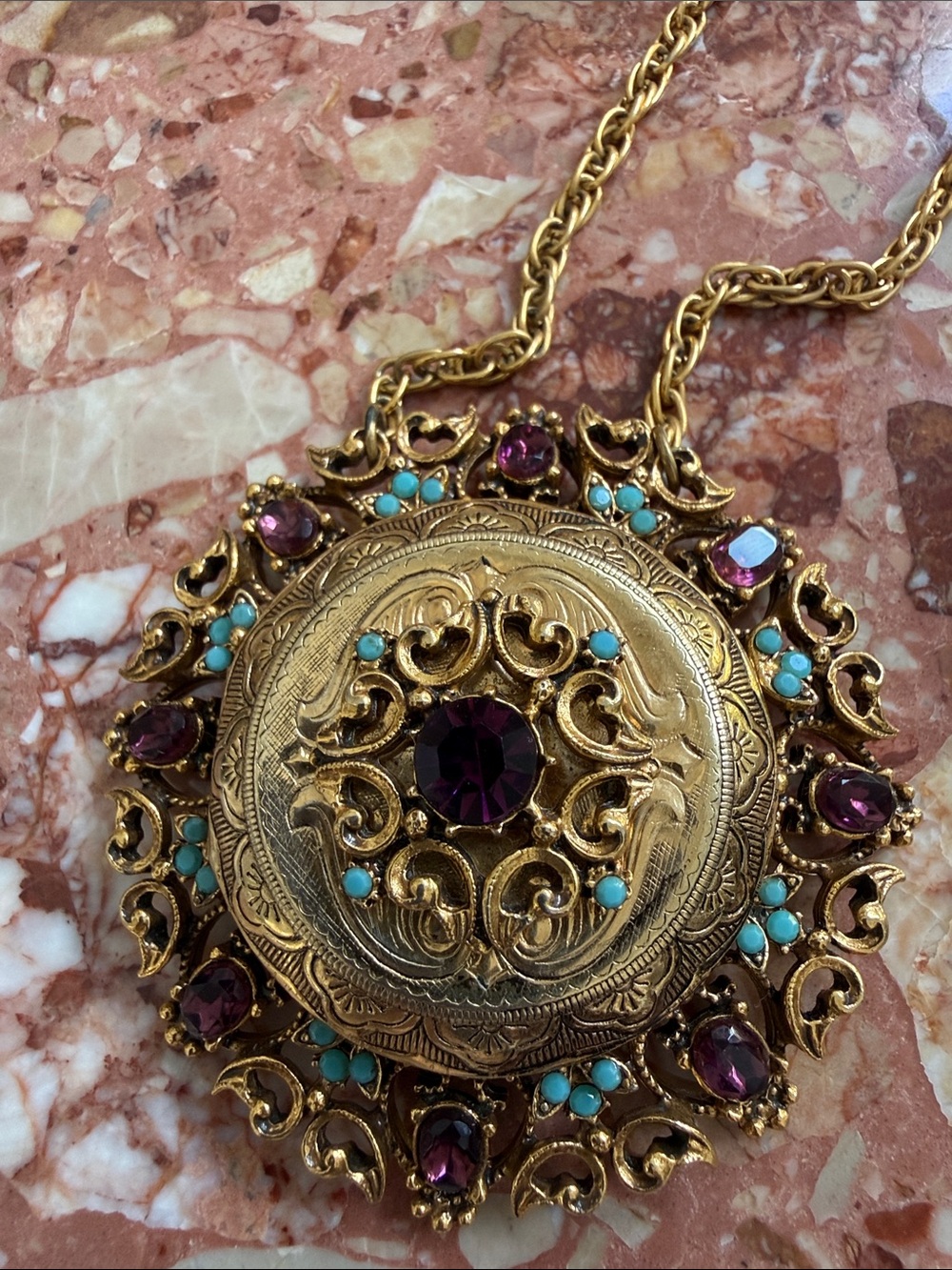 Florenza gold -Tone Pendant Locket Necklace with Purple and Turquoise Accents